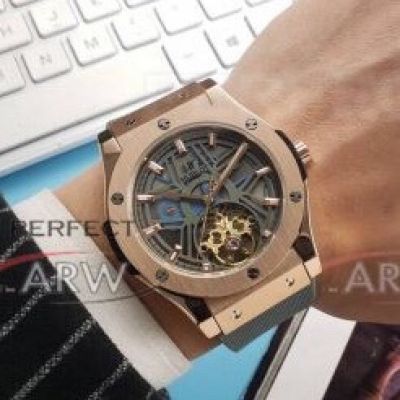 Perfect Replica Hublot Classic Fusion Rose Gold Case Tourbillon Face Rubber Strap 43mm Watch